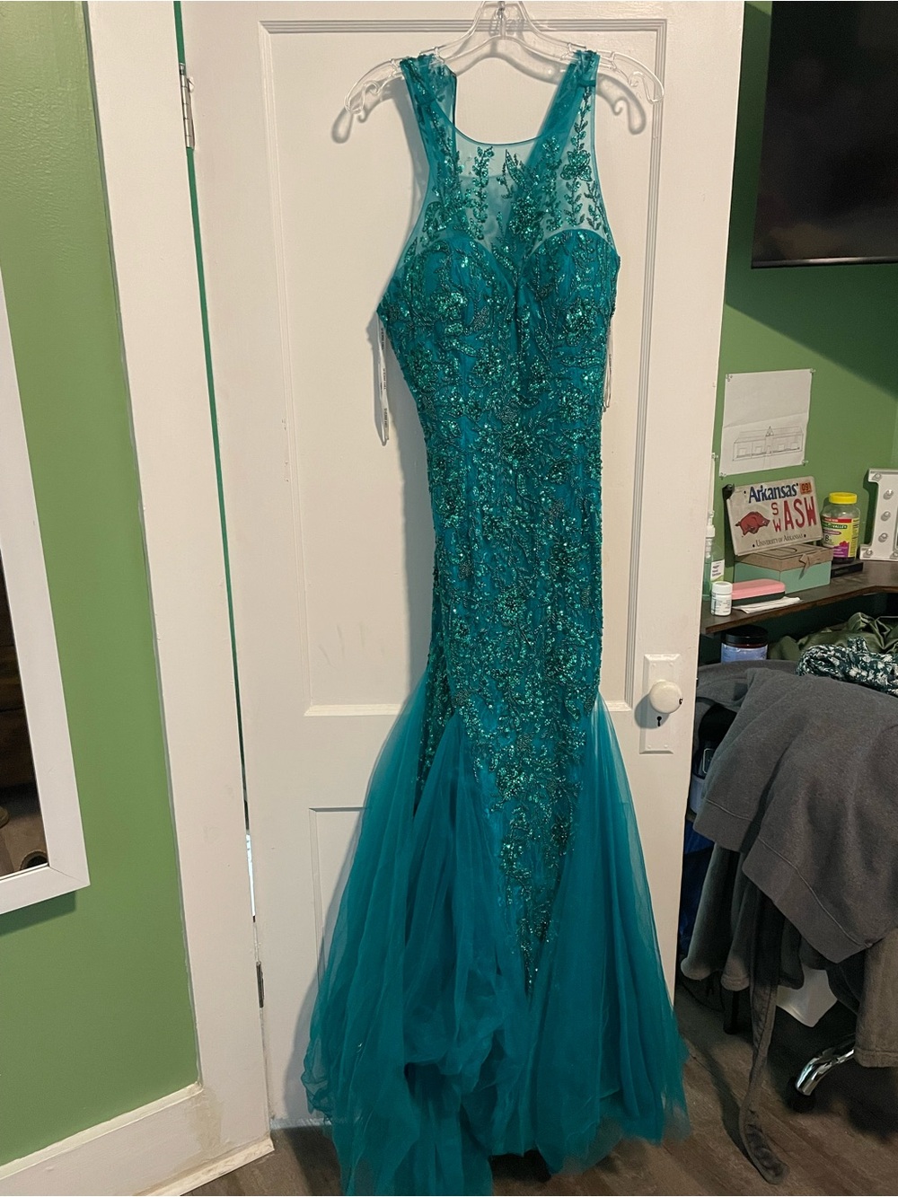 Sherri Hill Teal Beaded Mermaid Prom Dress